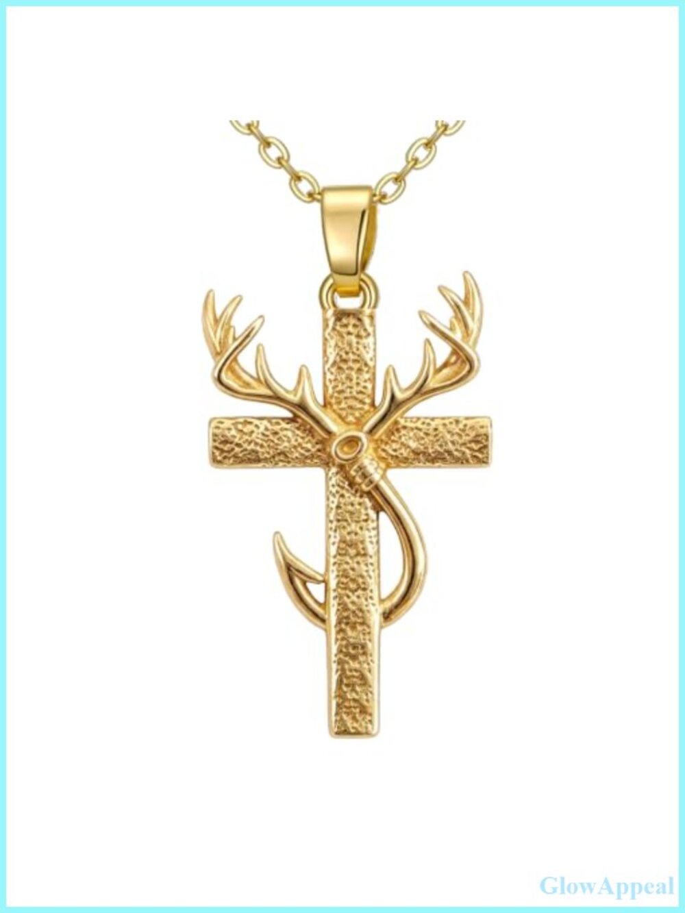 14K Gold Cross Necklace Deer Antler Fish Hook Pendant Religious Jewelry